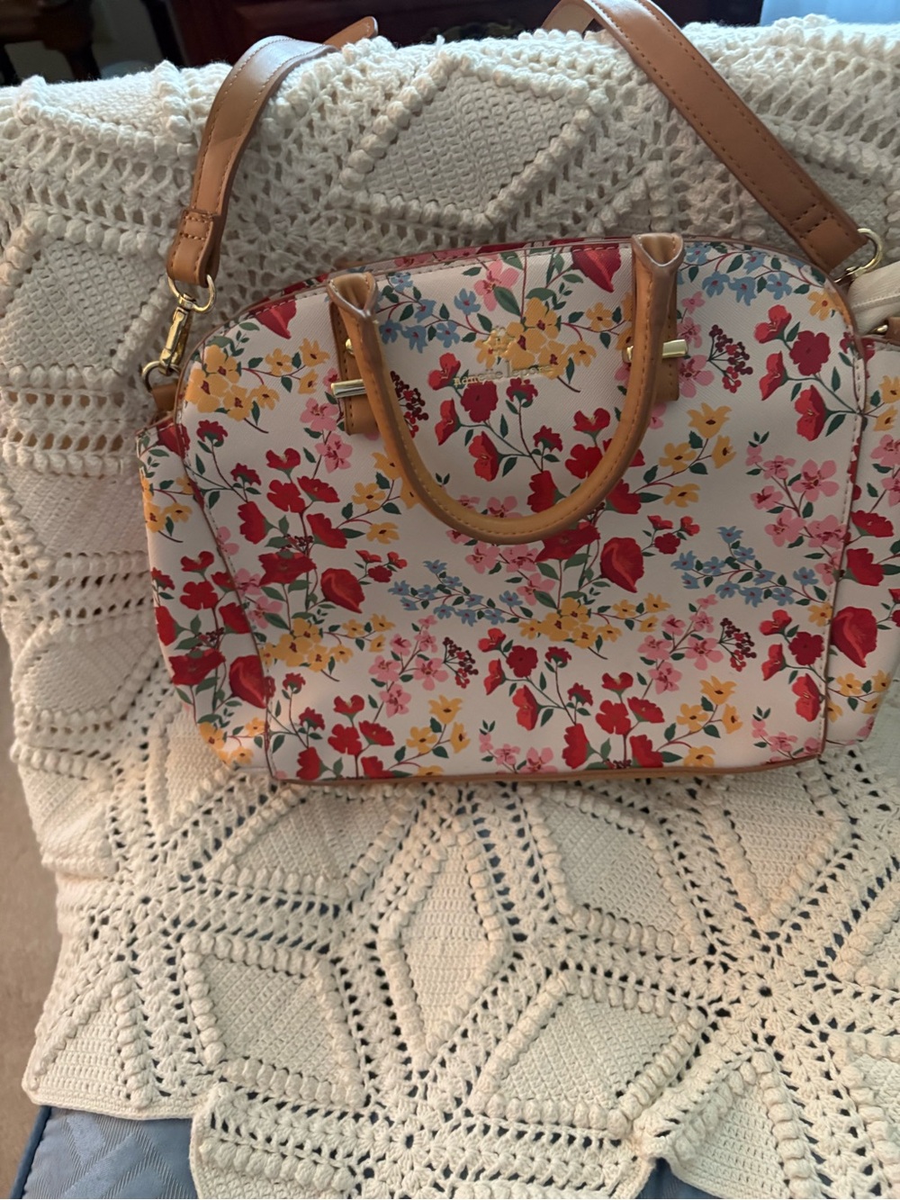 Nanette Lepore Cream Floral Dome Satchel with Tan Trim